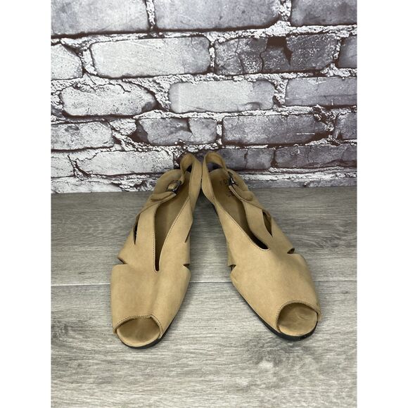 ARCHE Tan Brown Nubuck Leather Peep Toe Slingback Wedge Women’s Sz 42EU/11M US - Picture 14 of 16